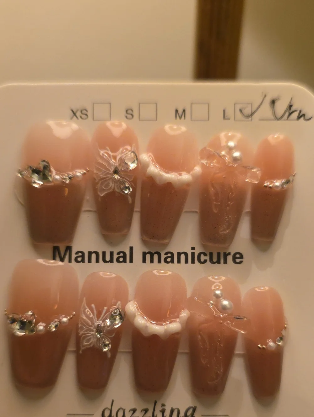 Dazzling Nude Pink Rhinestone Press-On Nails - Size Large